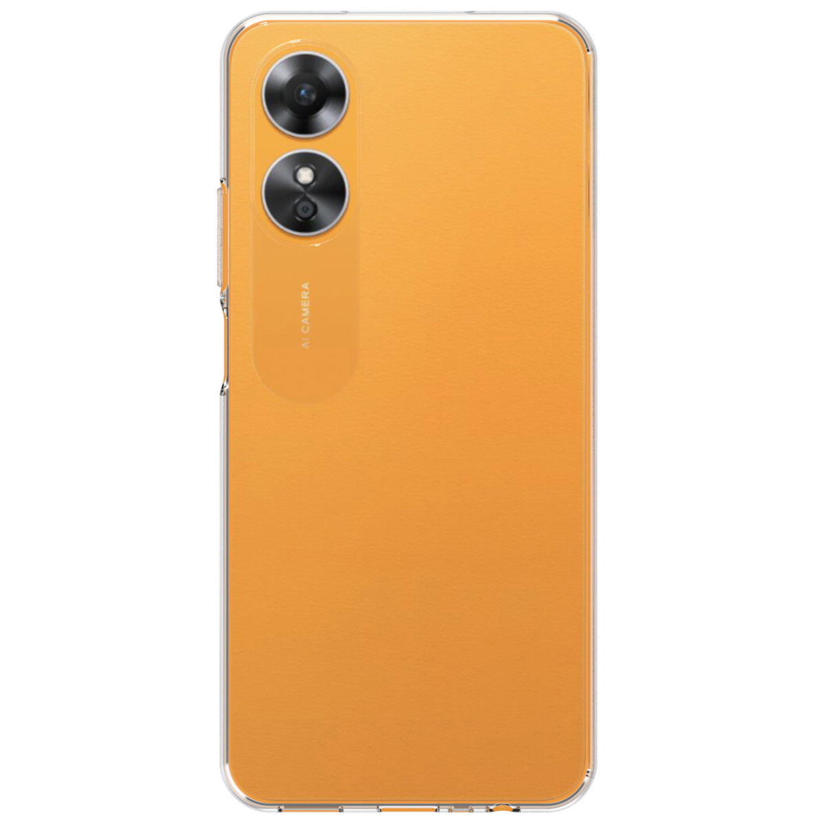 Oranje telefoonhoes met telefoon erin. Telefoon heeft camera's aan de achterkant.