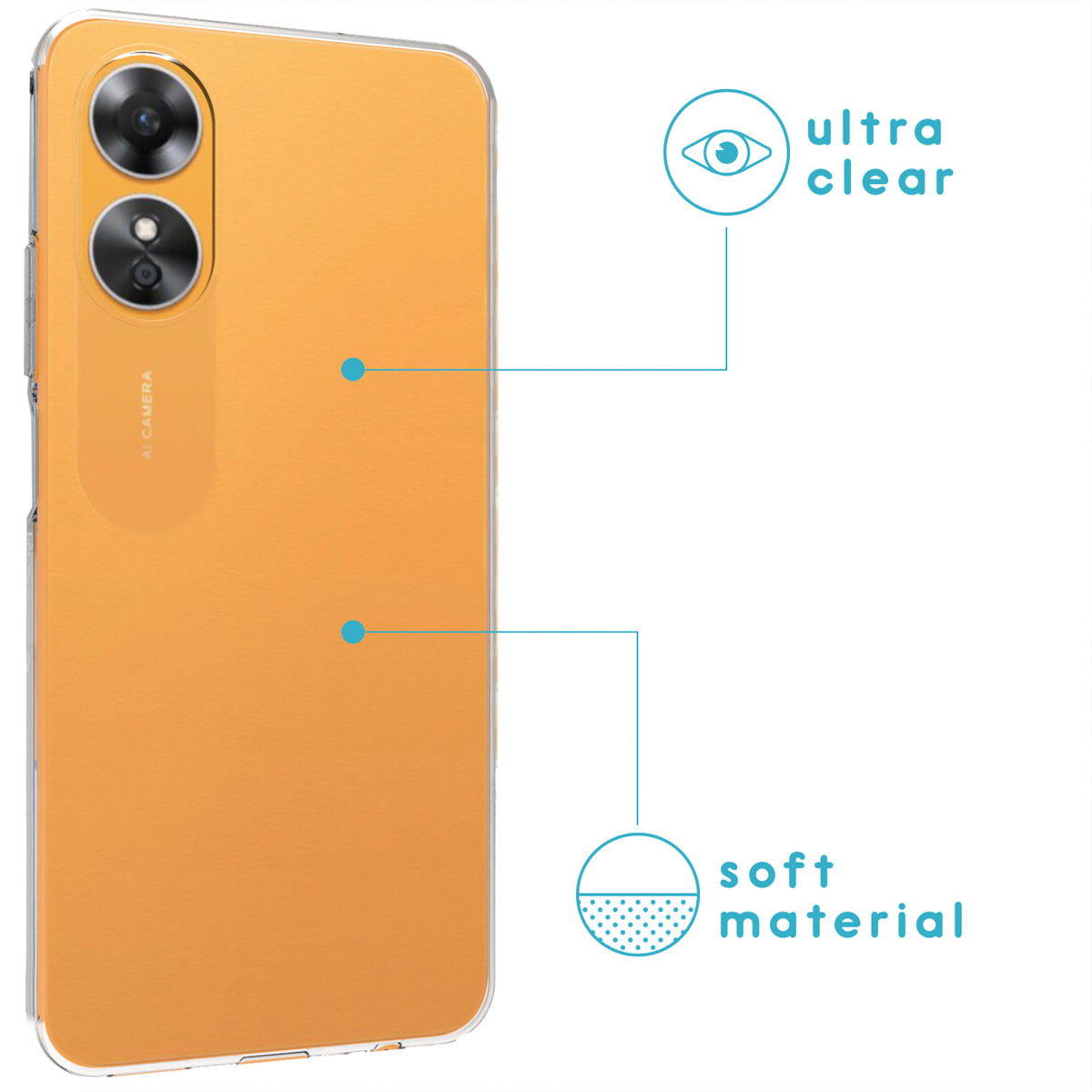 Oranje telefoonhoesje met de achterkant van een telefoon. De tekst noemt ultra helder en zacht materiaal.