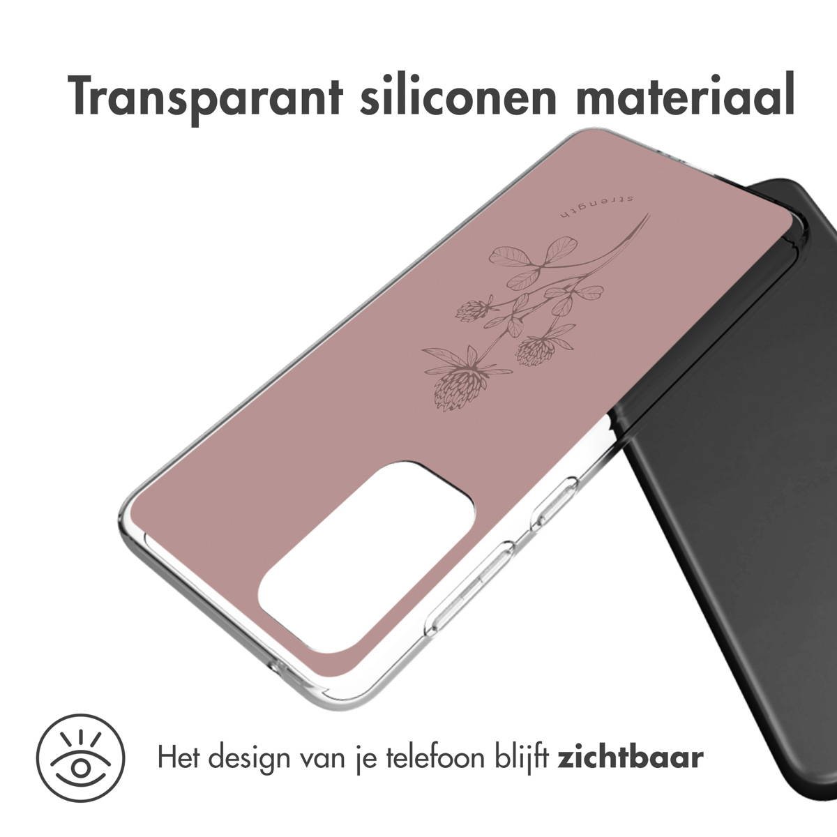 Une coque de téléphone transparente avec un motif floral rose sur un téléphone noir.