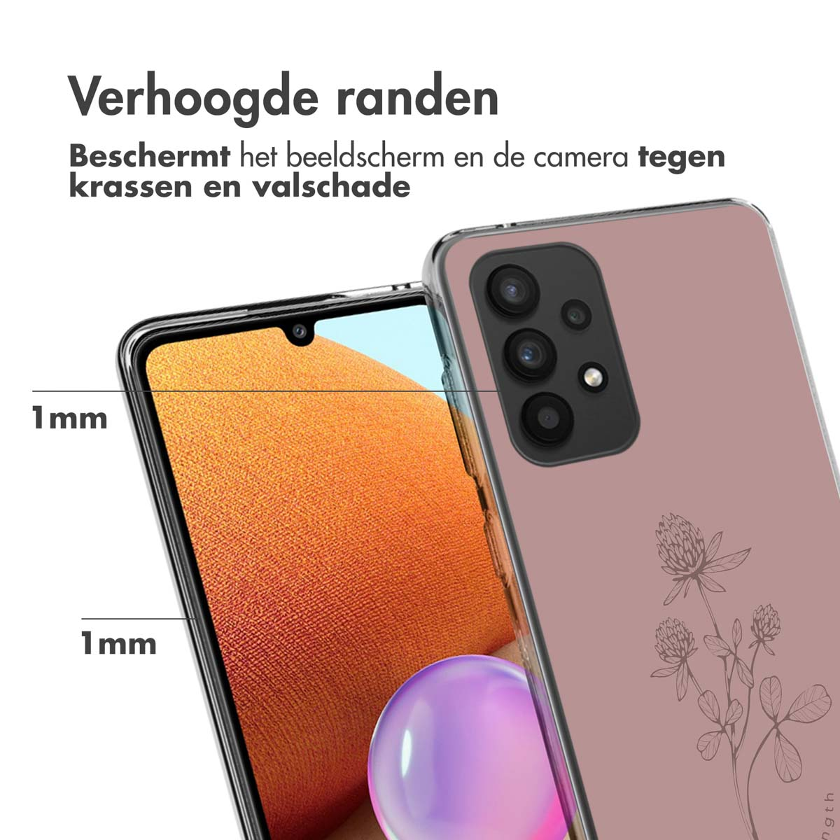 Étui de téléphone avec un motif floral et le téléphone à l'intérieur. Texte : Verhoogde randen