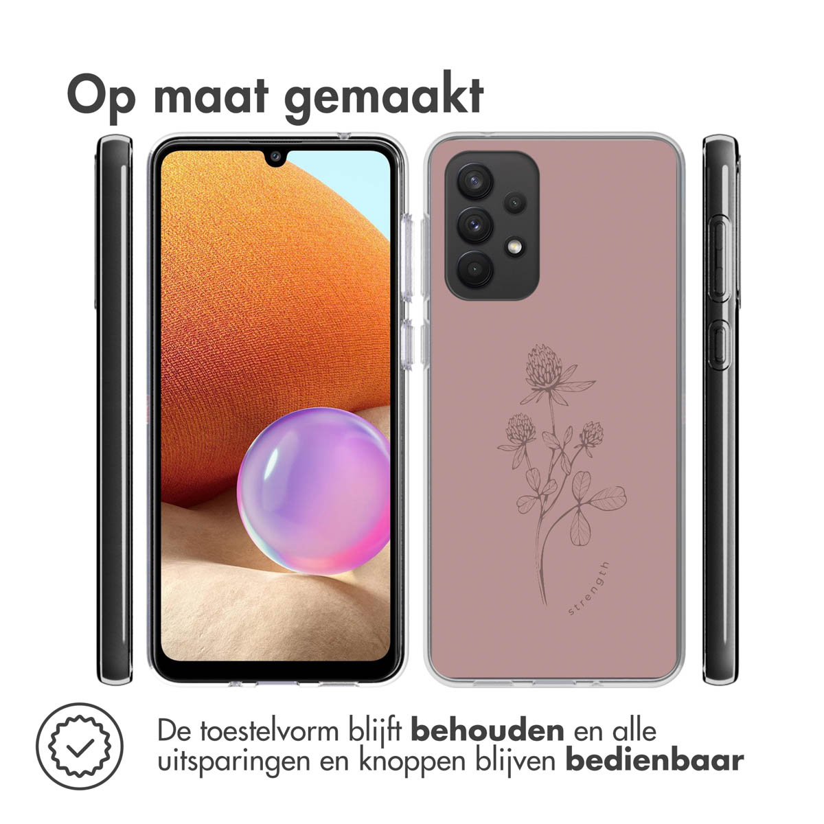 Coque de téléphone rose, téléphone à l'intérieur. L'étui a un motif floral.