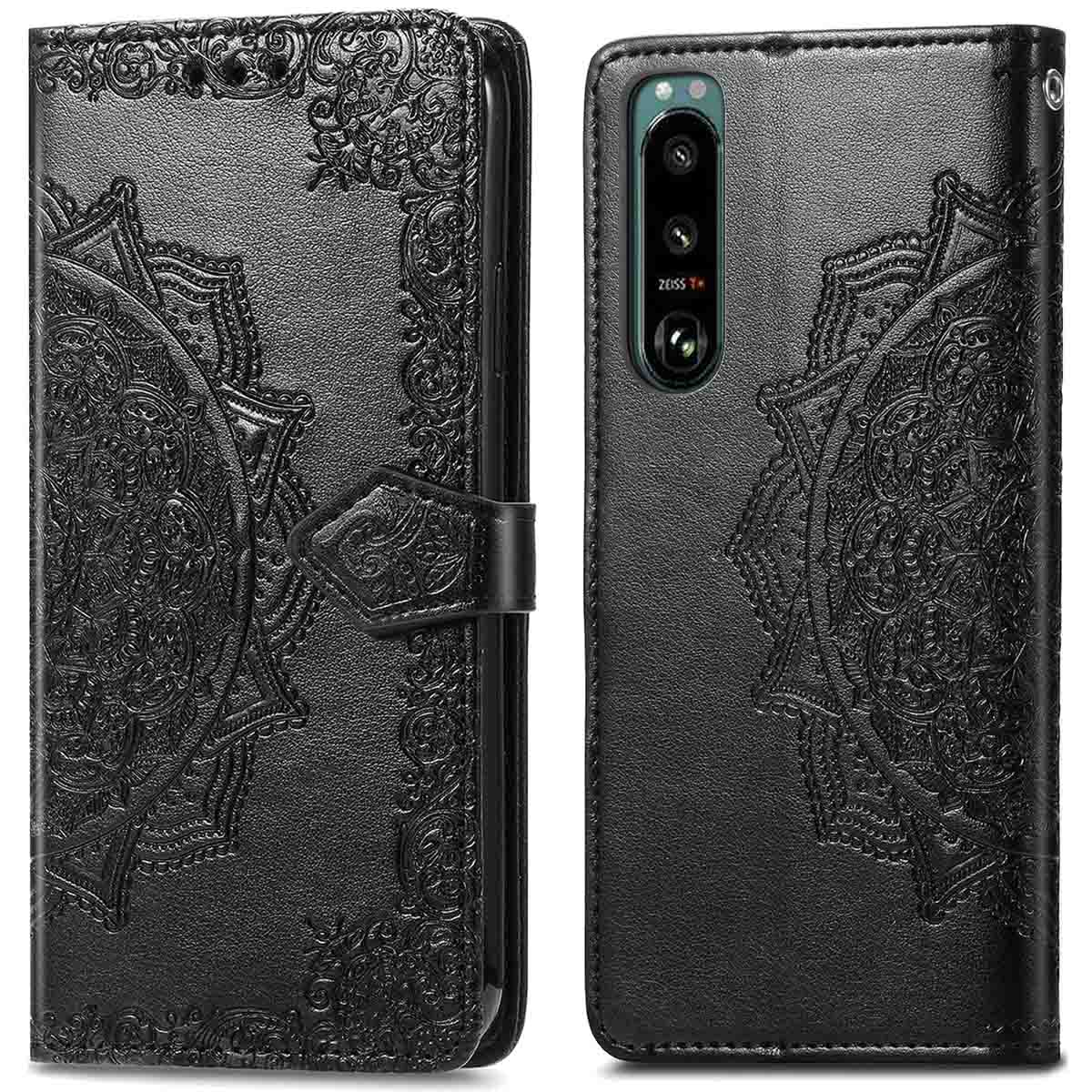 Étui de téléphone noir, ouvert. L'étui a un motif en relief. Fond noir.