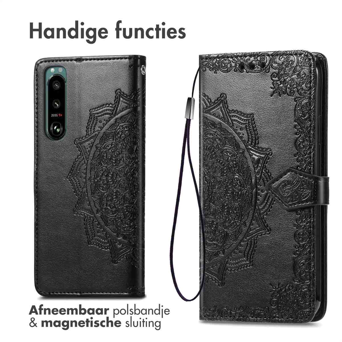 Coque de téléphone noire avec un motif mandala. Avec dragonne amovible et fermeture magnétique.