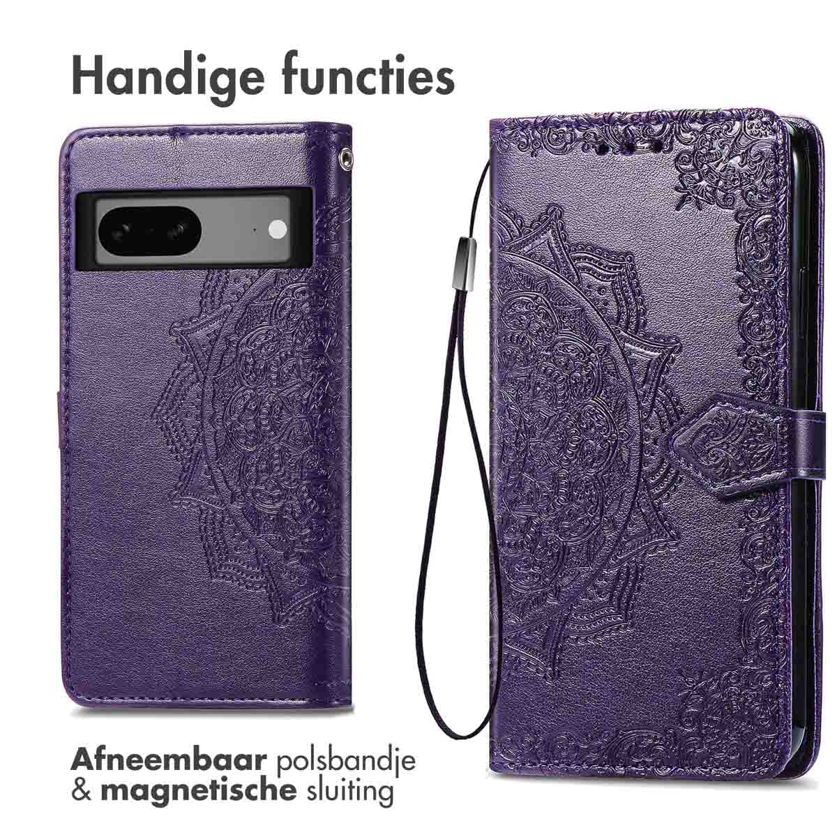 Lila Handyhülle mit Mandala-Design. Telefon sichtbar. Text: Praktische Funktionen und abnehmbare Handschlaufe.
