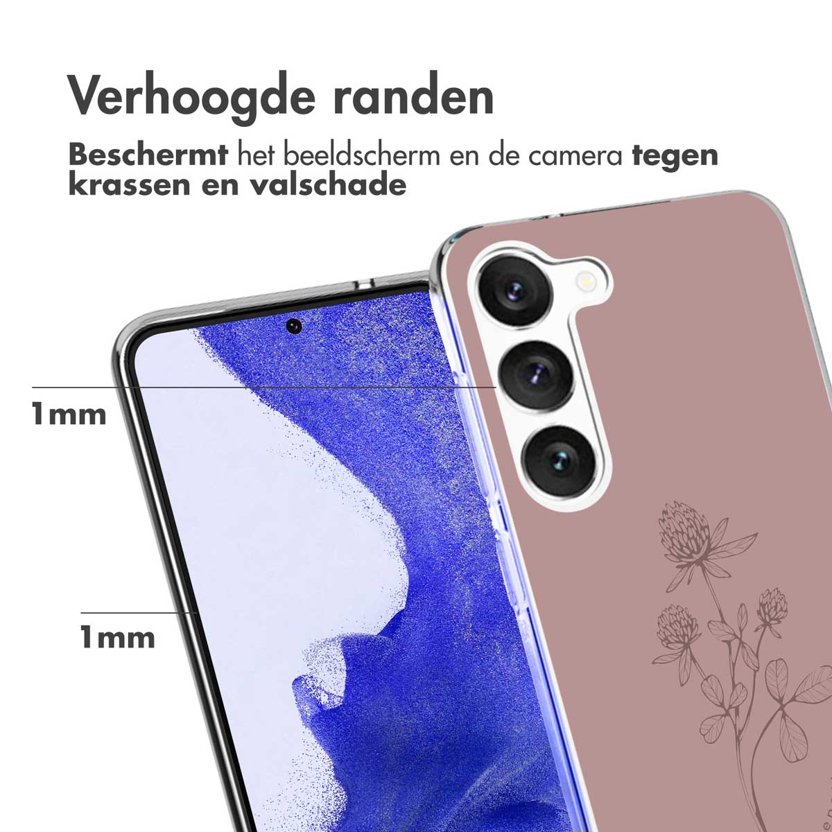 Phone case, rose color. The back has a floral design. The case has raised edges.