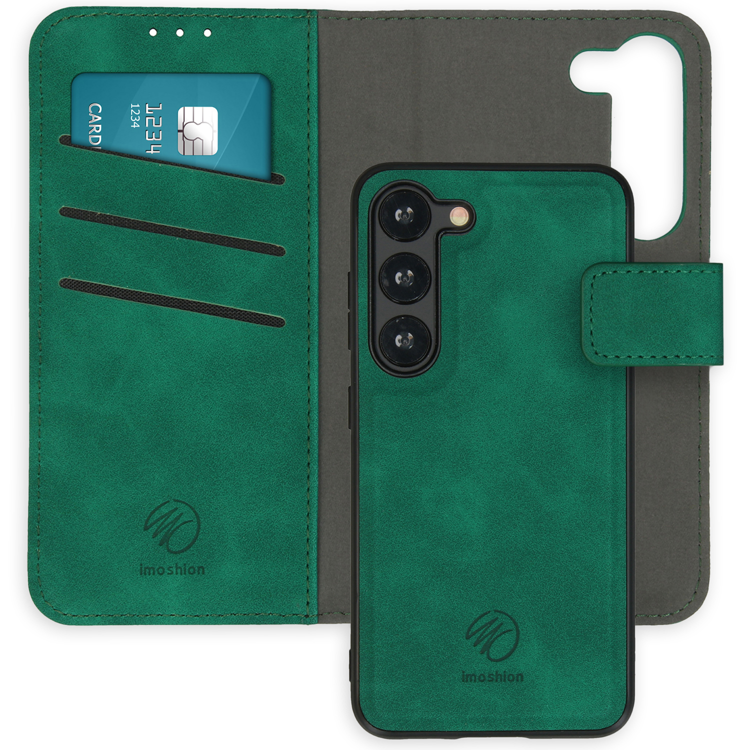 Groene telefoonhoes, open portemonneestijl, met kaartsleuf. Telefoon zit erin. Imoshion-logo zichtbaar.