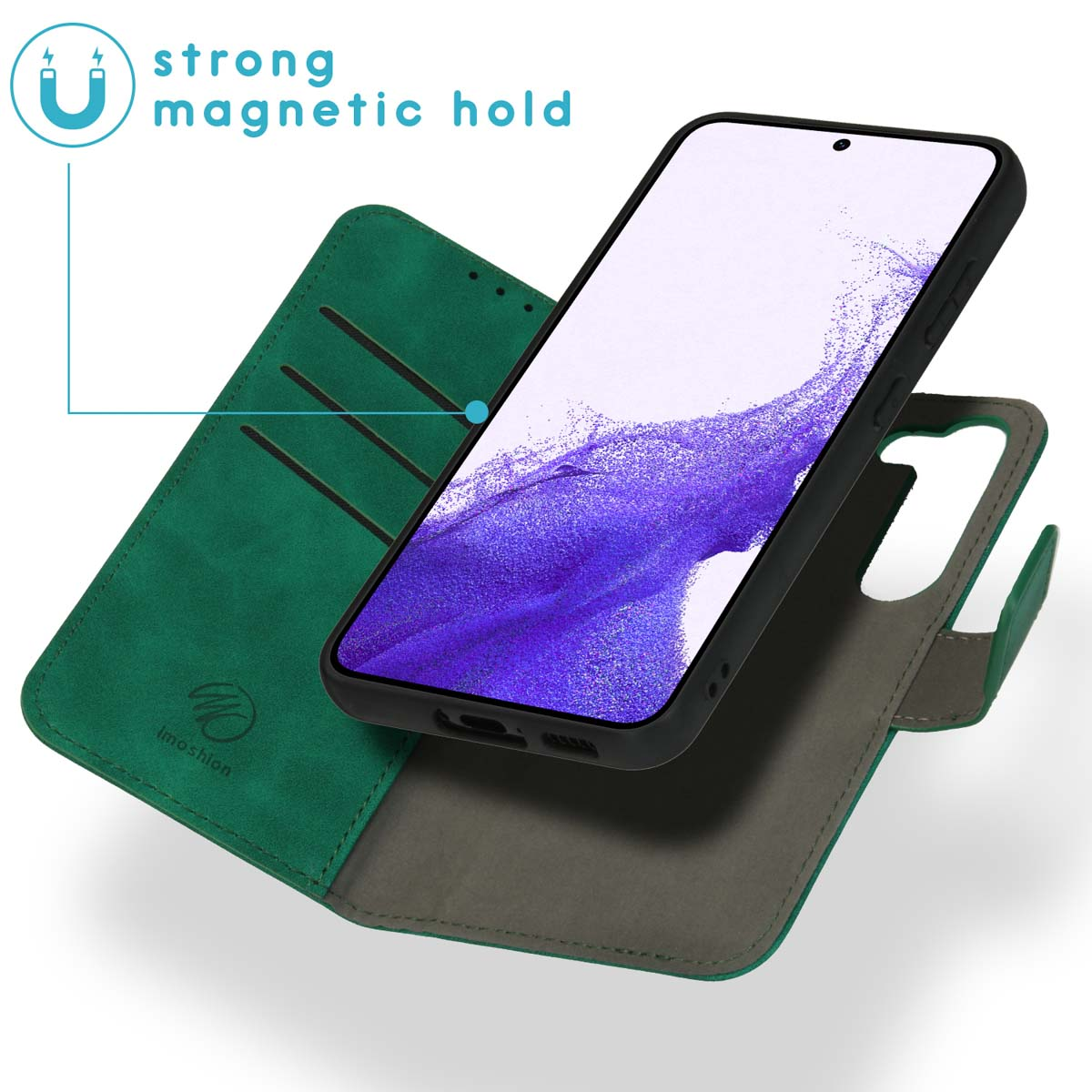 Groene telefoonhoes met een telefoon erin. Tekst: Sterke magnetische grip. De hoes is open en toont kaarten.