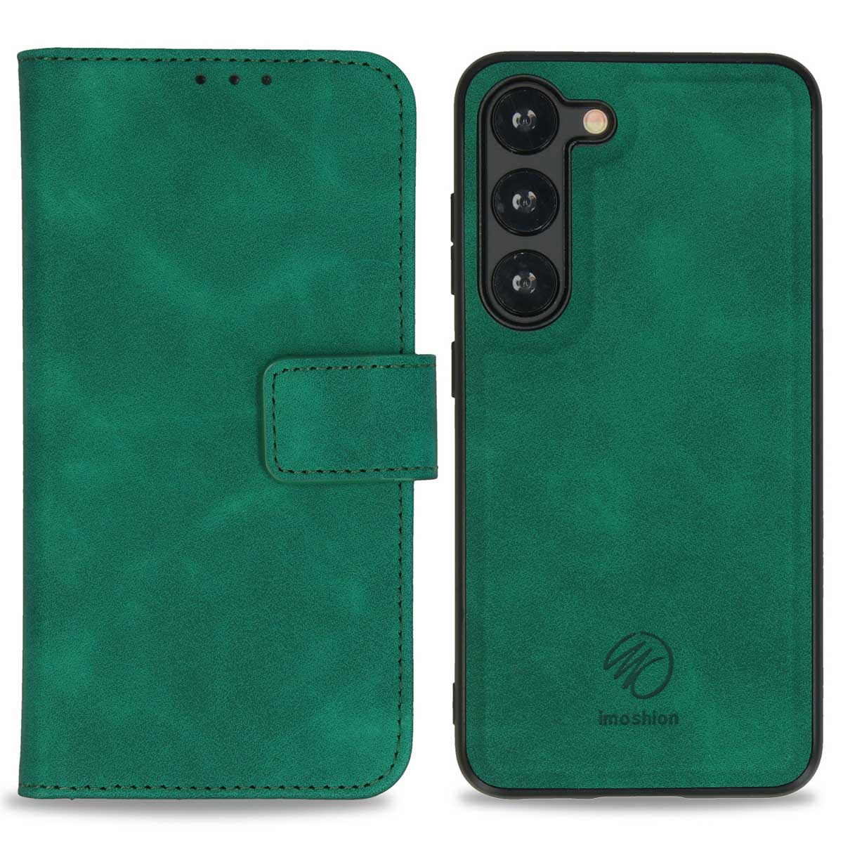 Groene telefoonhoes, open en gesloten weergave, toont de telefoon en de textuur en het ontwerp van de hoes.