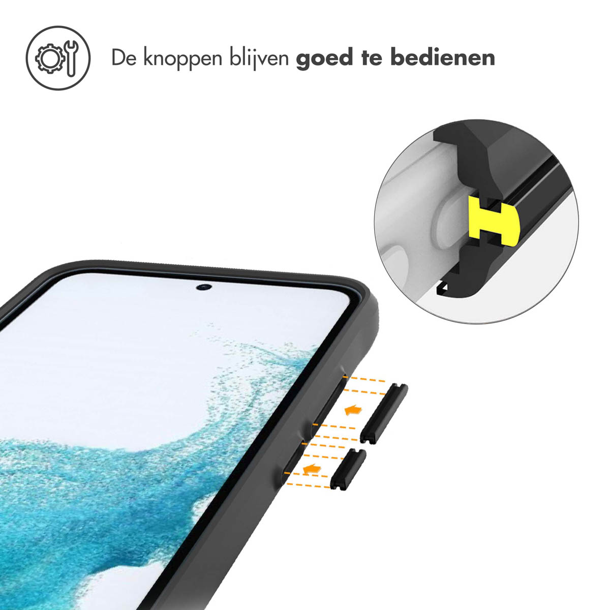 Telefoonhoes met knoppen, pijlen geven de knoplocatie aan, en tekst in het Nederlands.