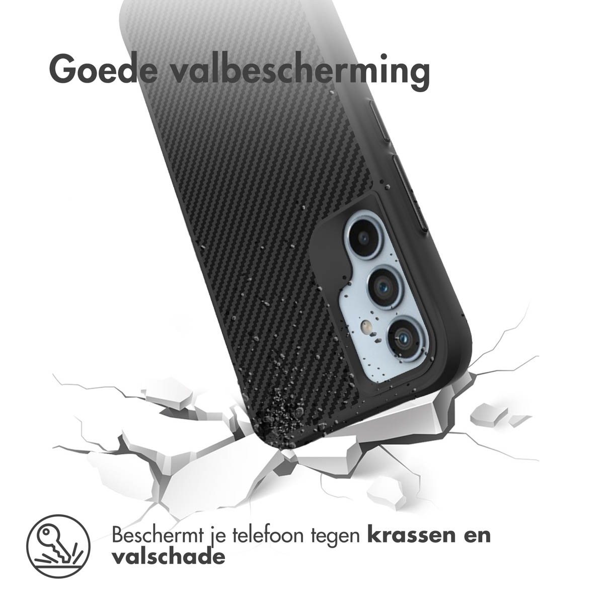 Zwarte telefoonhoes op een wit oppervlak, dat het oppervlak breekt. Tekst: goede valbescherming.