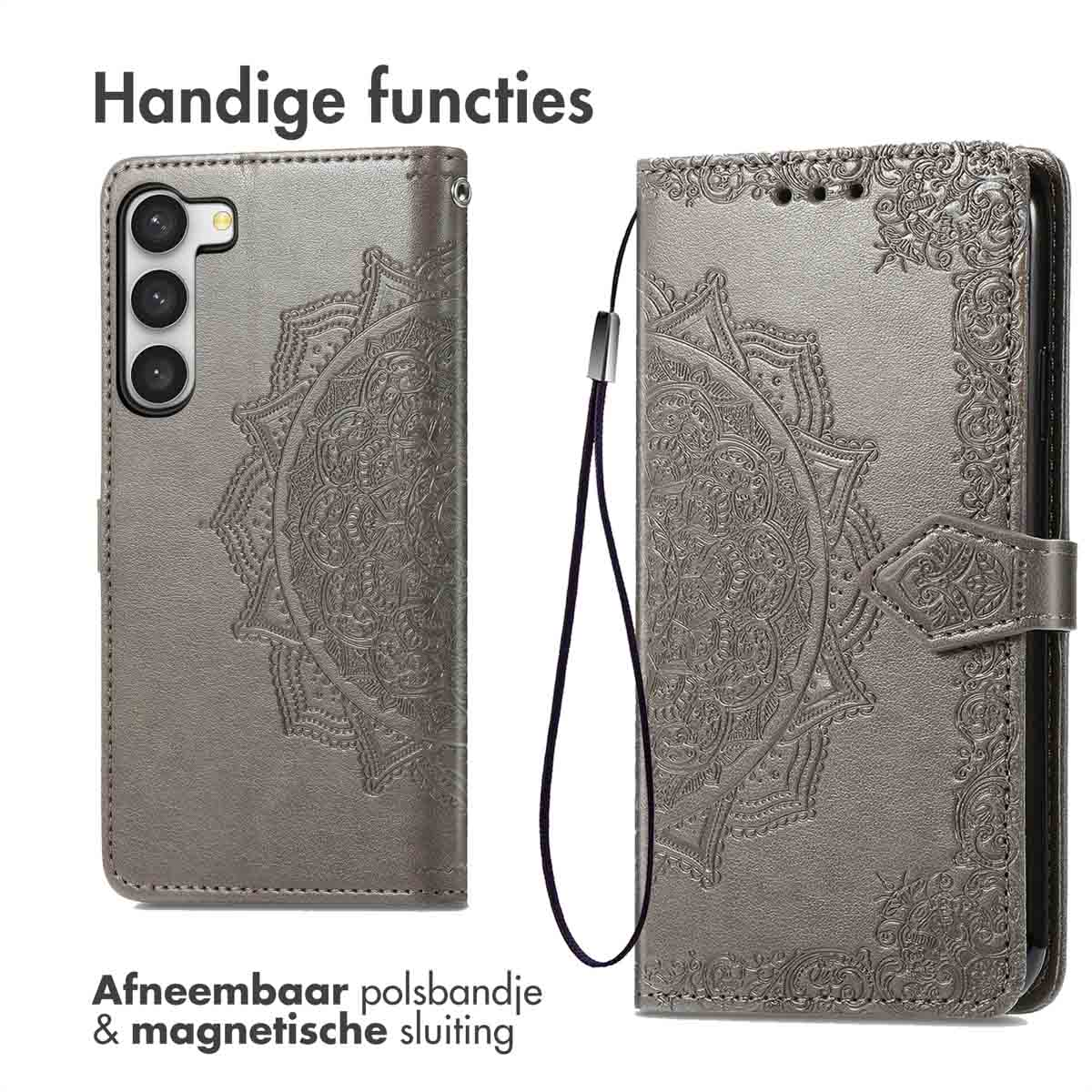 Grijze telefoonhoes met mandala-ontwerp, open en dicht. Met polsband en magnetische sluiting.