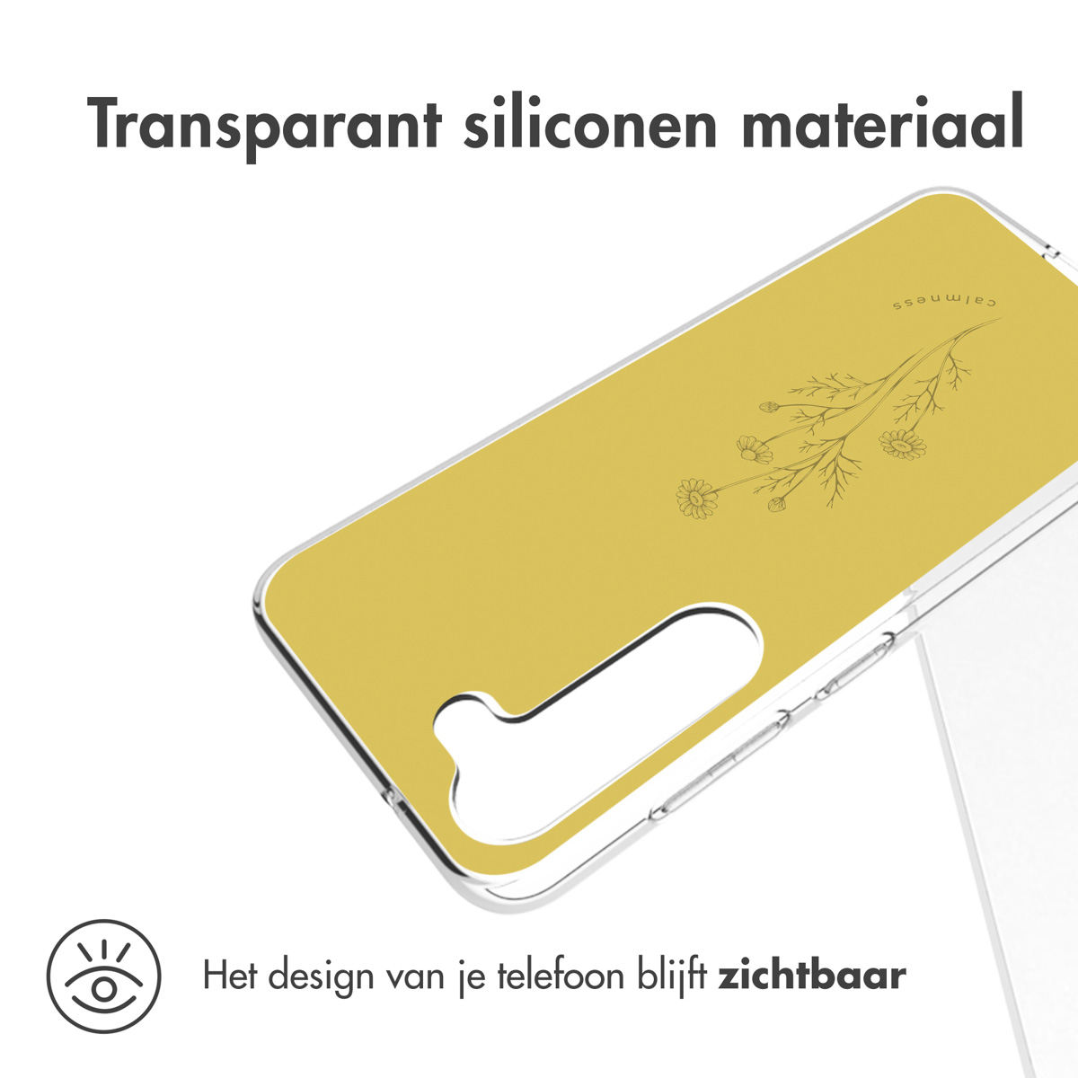 Coque transparente avec dos jaune. Petit motif floral.