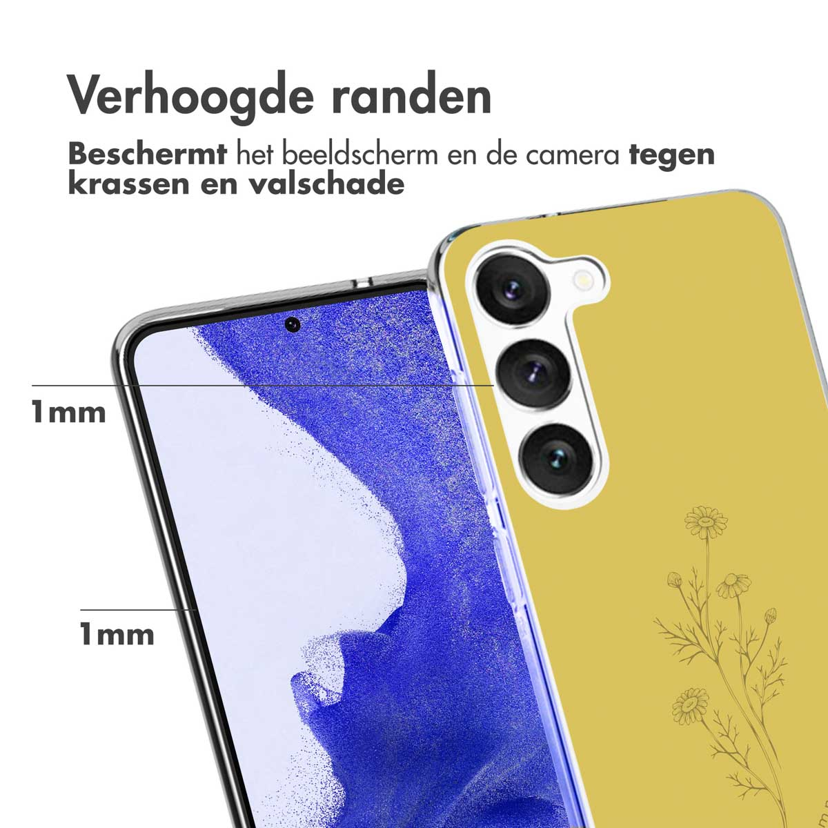 Coque de téléphone jaune avec un téléphone à l'intérieur. Texte : Bords surélevés. Protège l'écran et la caméra des rayures.