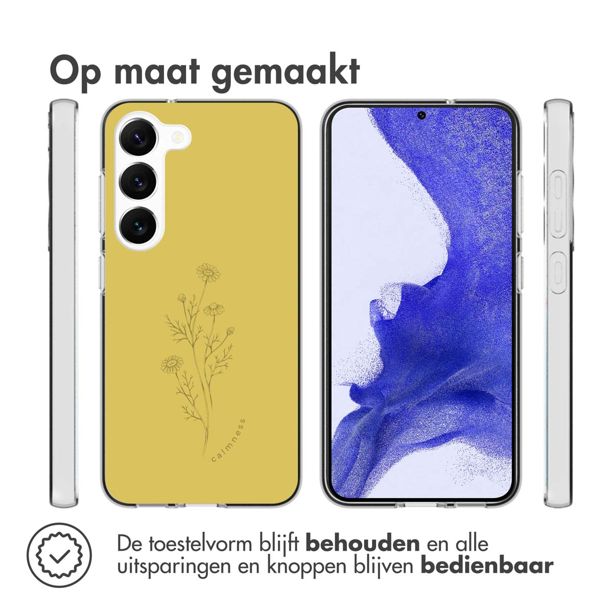 Coque de téléphone jaune avec motif floral et écran de téléphone visible. Texte : 'La forme de l'appareil est conservée'.