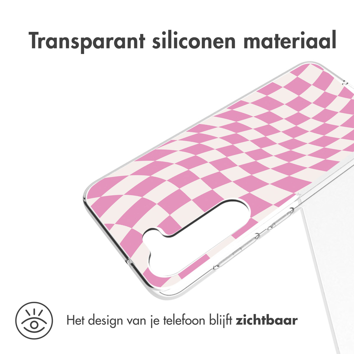 Clear phone case with pink checkered pattern, showing the phone design. Text: 'Het design blijft zichtbaar'.
