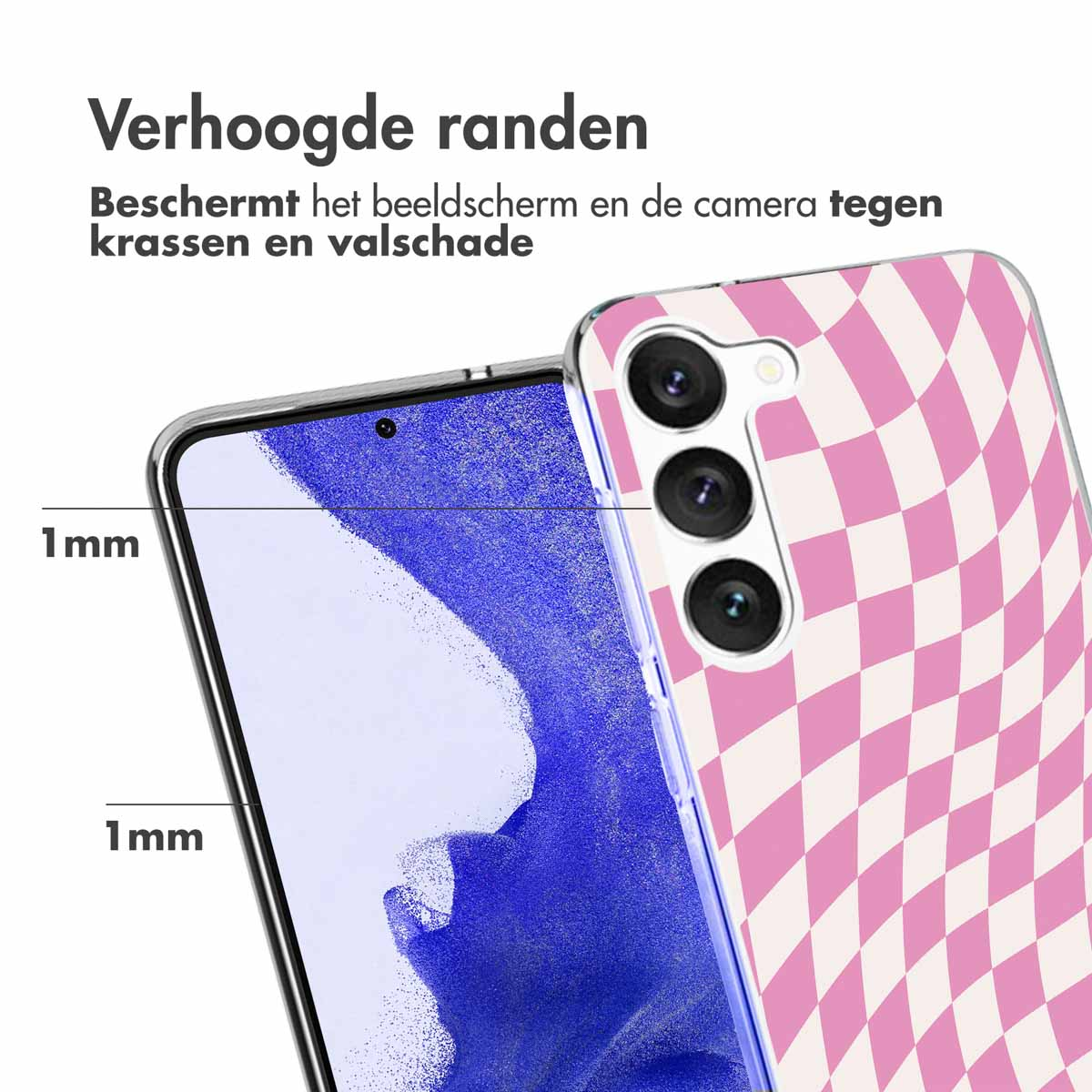 Phone case with a pink and white checkerboard pattern. Text: Raised edges.