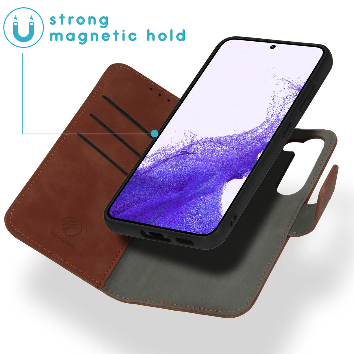 Bruine telefoonhoes, open, met telefoon. Sterke magnetische sluiting. Kaartsleuven zichtbaar.