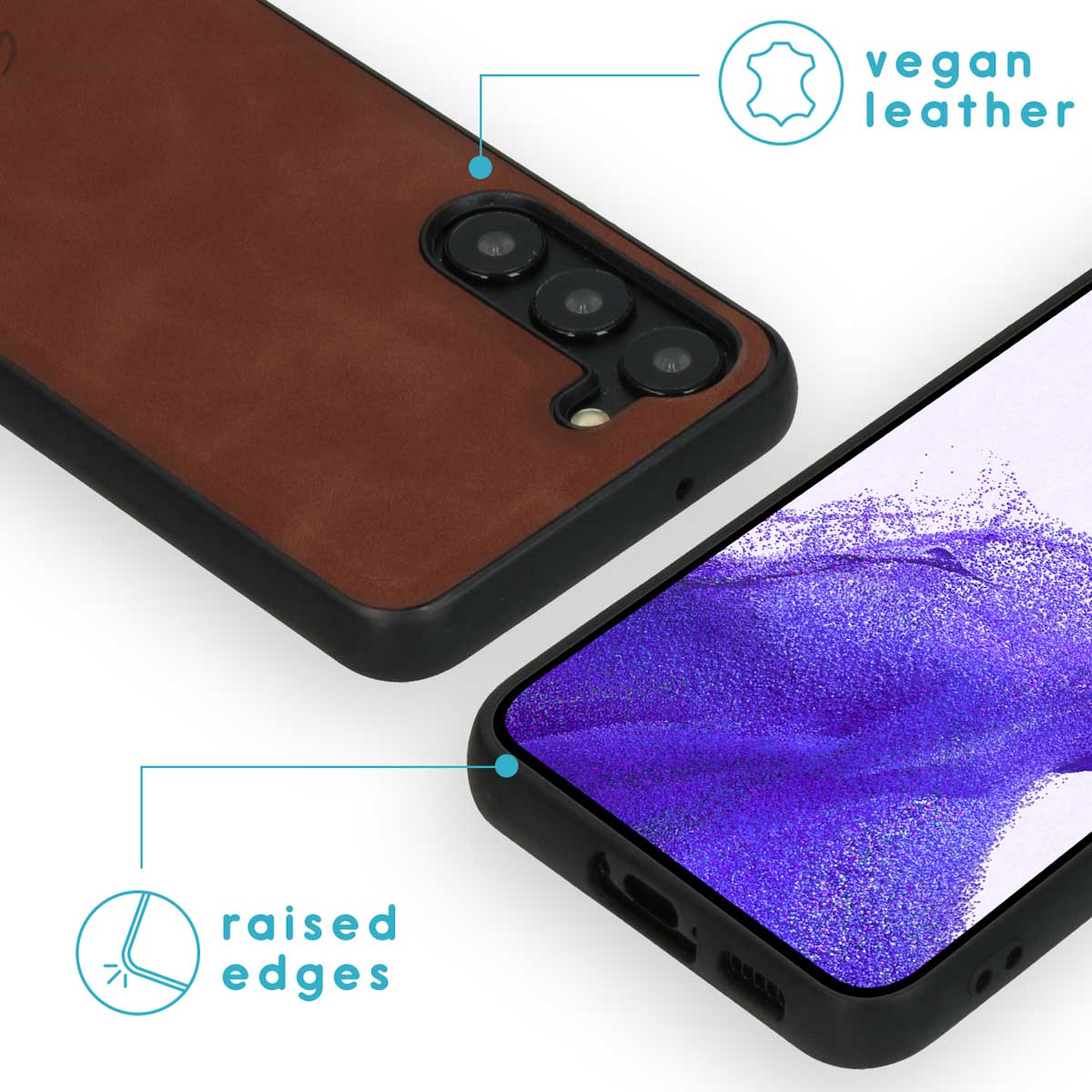 Twee telefoonhoesjes. Bruin veganistisch leer, zwarte randen, met opstaande randen. Labels: 'vegan leer'.