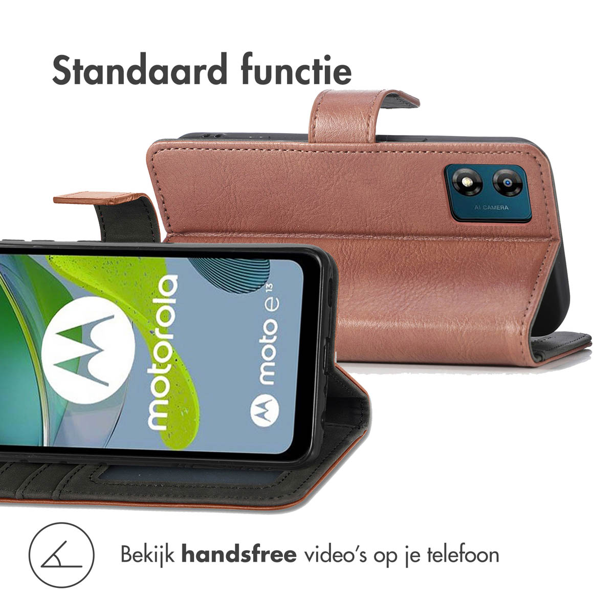 Bruine telefoonhoes met een Motorola-telefoon erin. Telefoon toont het Motorola-logo. Tekst: Standaardfunctie.