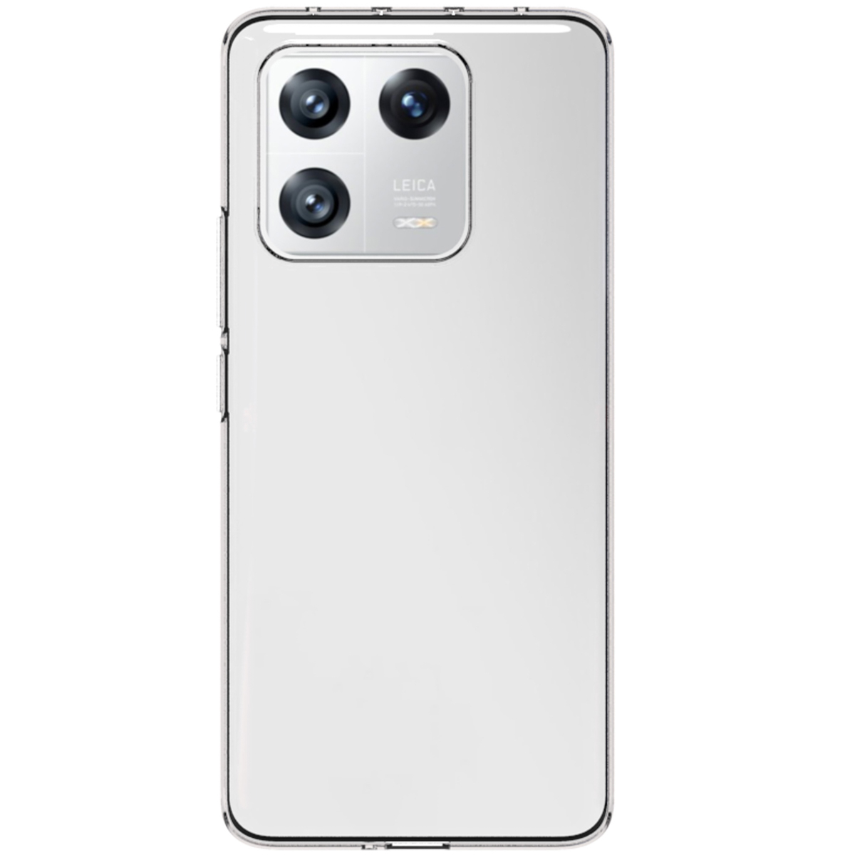 Une coque de téléphone transparente, montrant l'arrière d'un téléphone avec plusieurs caméras. La marque Leica est visible.