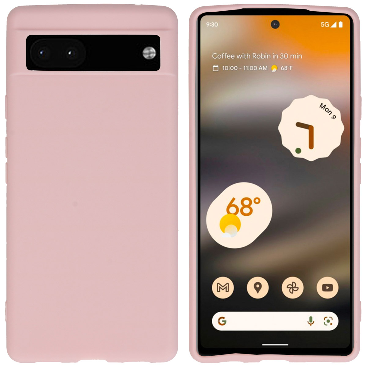 Roze telefoonhoes op een telefoon met een kleurrijke interface. De hoes heeft twee camera's en een flitser.