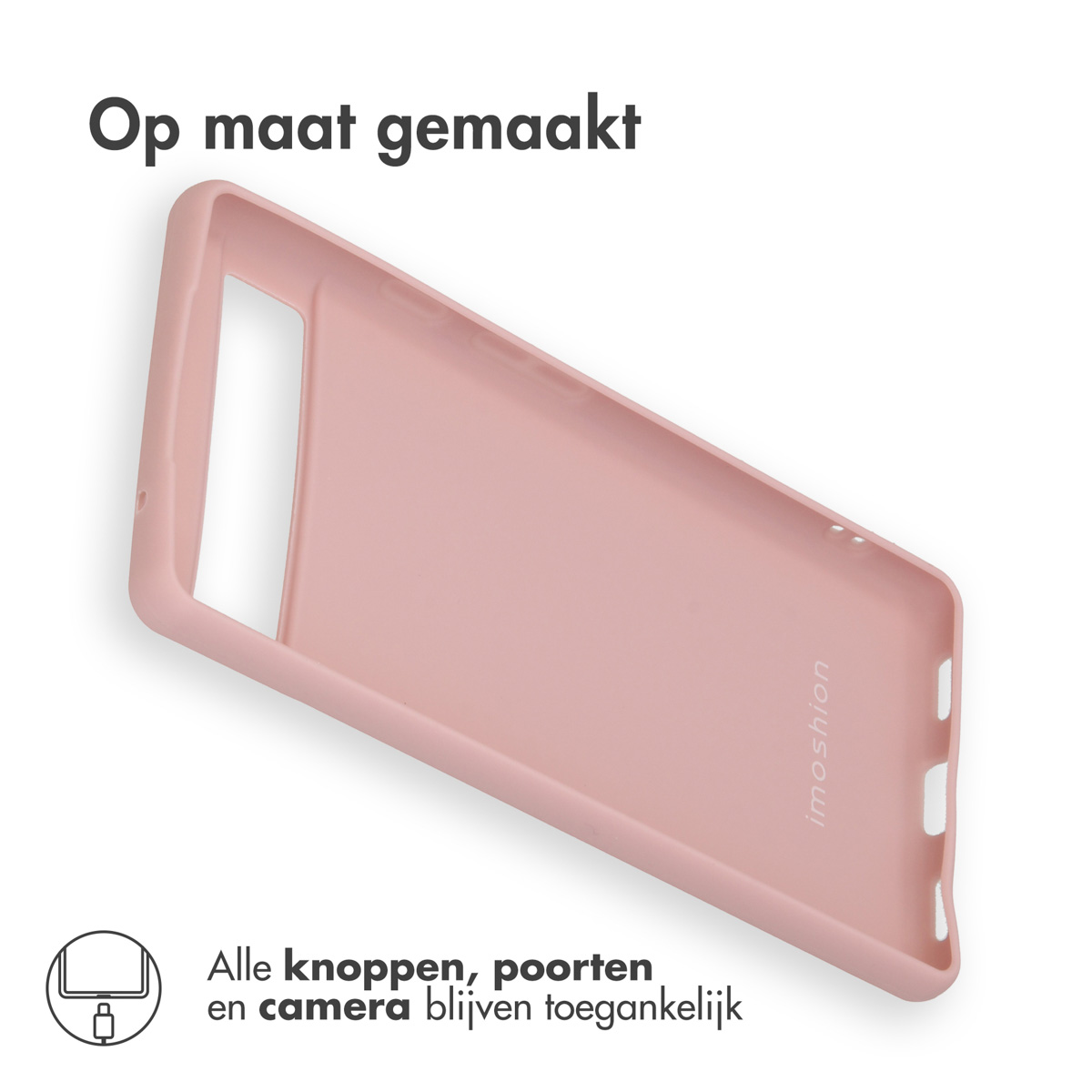 Een roze telefoonhoes met een telefoonvorm, de knoppen en camera zijn toegankelijk.