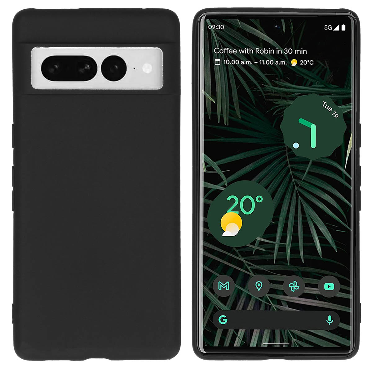 Zwarte telefoonhoes en telefoon. Telefoonscherm toont tijd, weer en app-iconen.