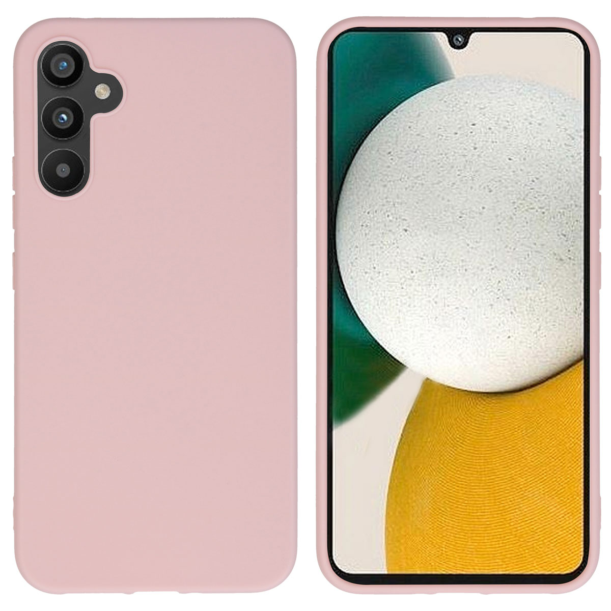 Roze telefoonhoes en telefoon. Het telefoonscherm staat aan en toont een donkergroene achtergrond.