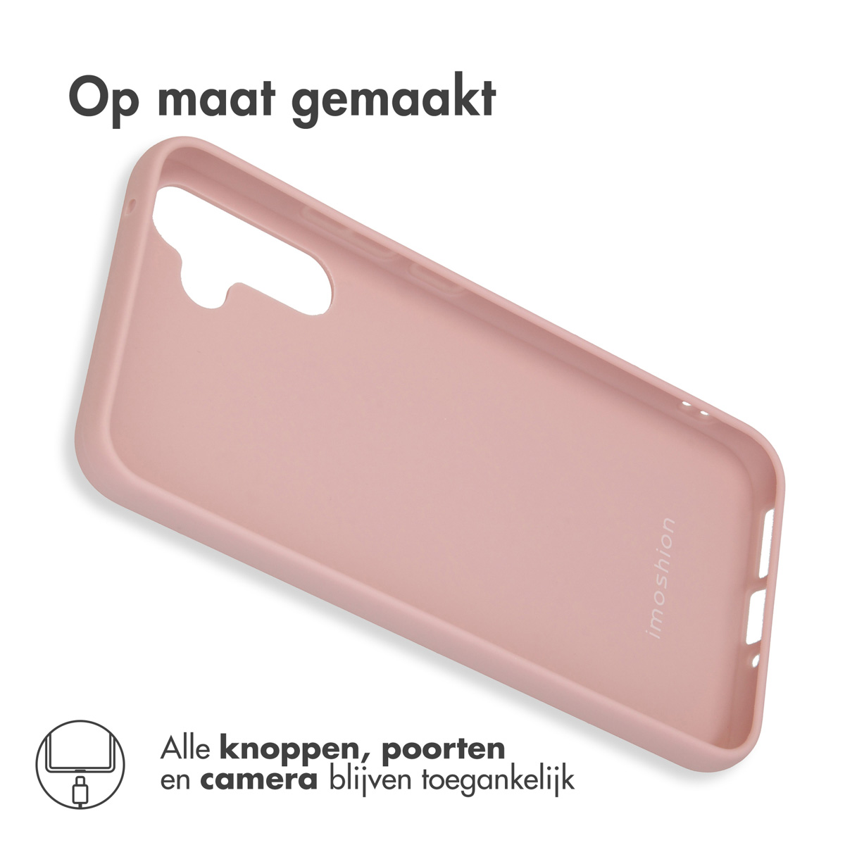 Roze telefoonhoes, de binnenkant tonen. De hoes heeft gaten voor knoppen en camera.
