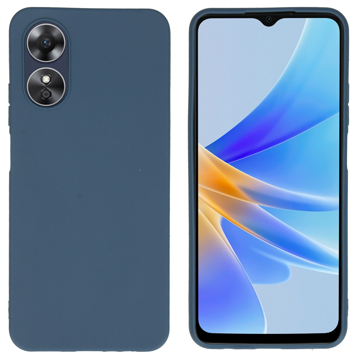 Twee telefoons, een in een blauwe hoes en een zonder. De hoes bedekt de achterkant van de telefoon.