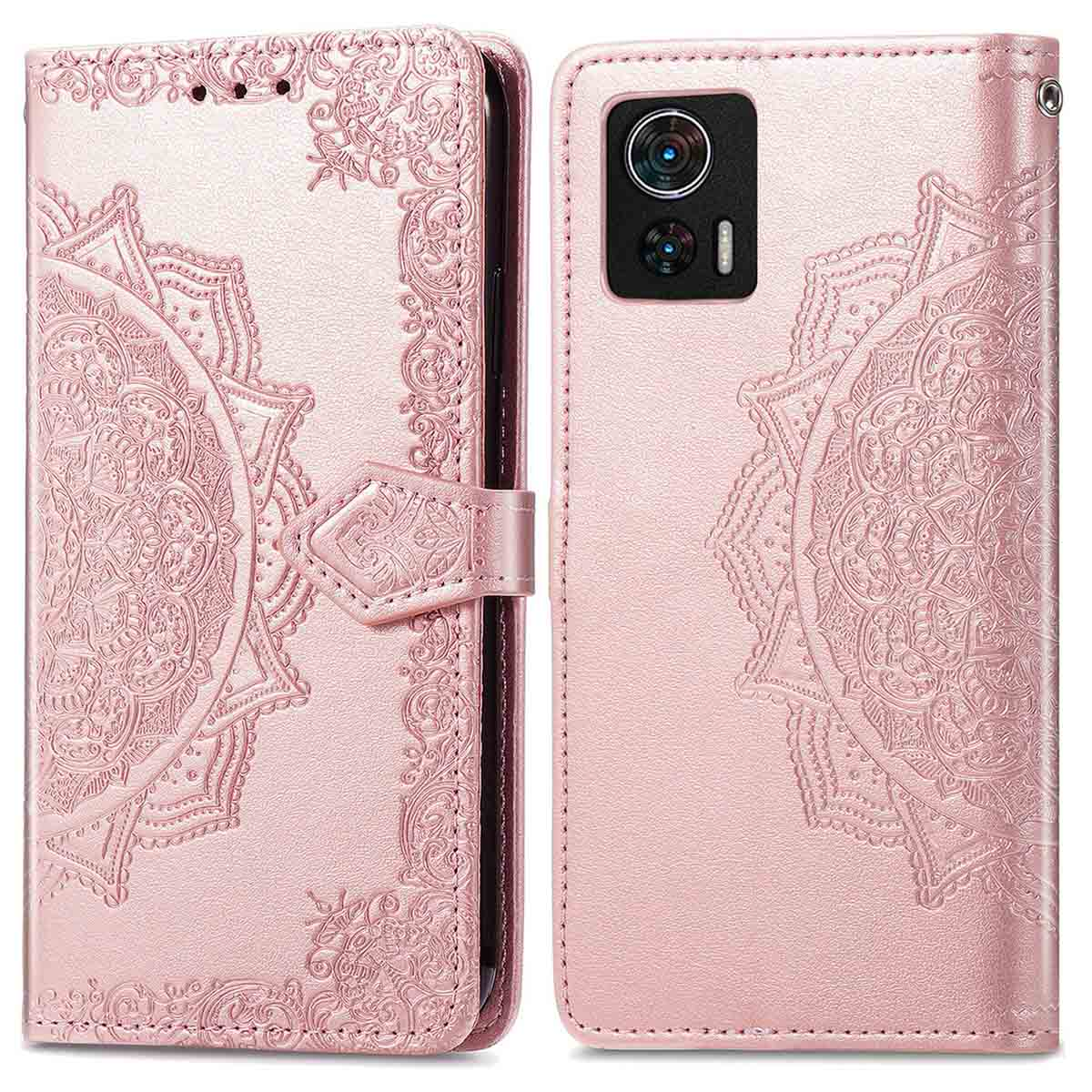 Roze telefoonhoesje met bloemen mandala patroon. Open, toont telefoon. Sluiting in het midden.
