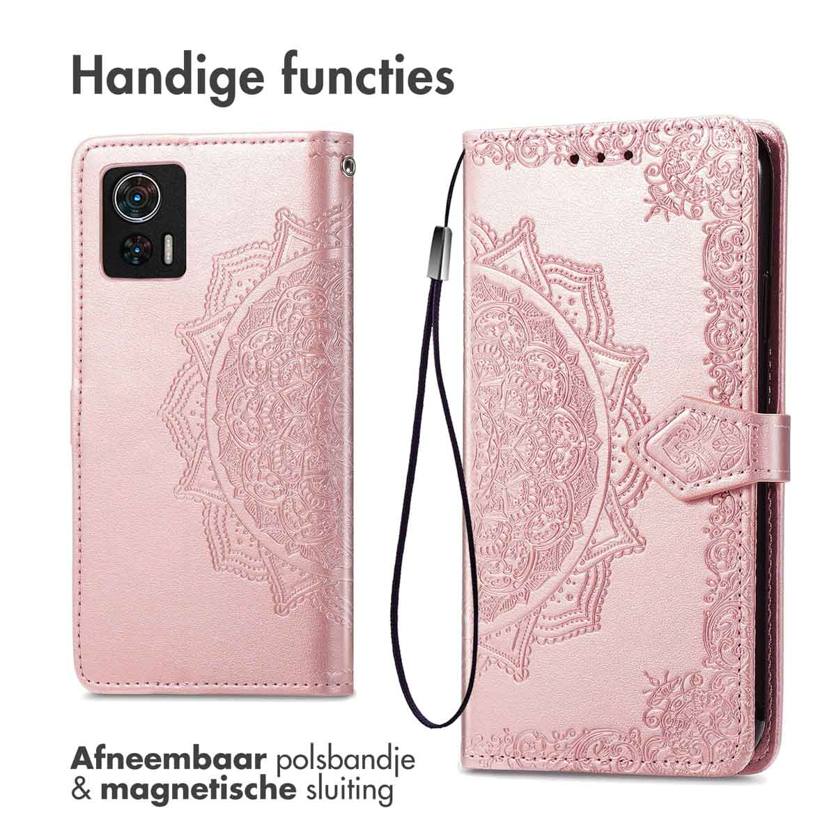 Roze telefoonhoesje met een mandala-ontwerp. Het heeft een riempje.