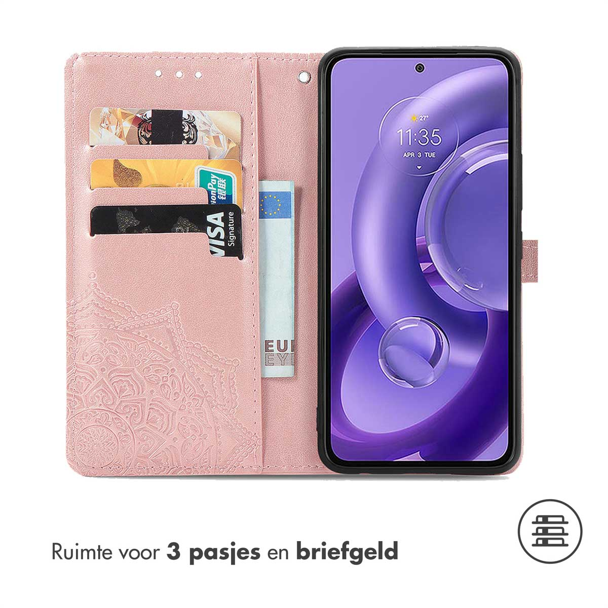 Roze telefoonhoes met kaartsleuven en een biljettenvak. Open hoes met telefoon erin.