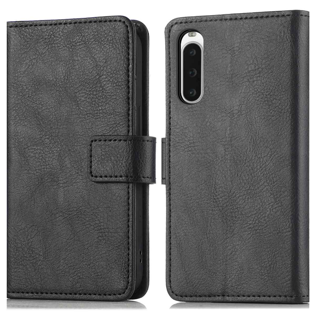 Twee zwarte leren telefoonhoesjes open, één gesloten. De hoes is zwart.