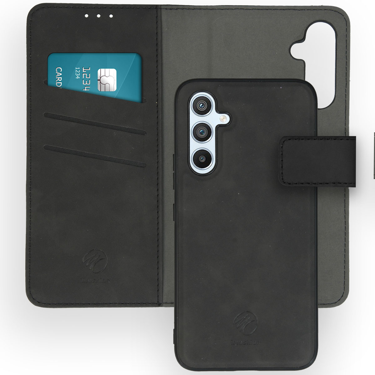Coque de téléphone noire avec une carte de crédit dans la poche. Elle est ouverte, montrant la carte.