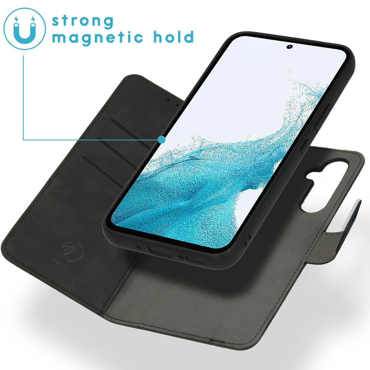 Étui de téléphone noir ouvert pour afficher un téléphone. L'étui a une tenue magnétique.
