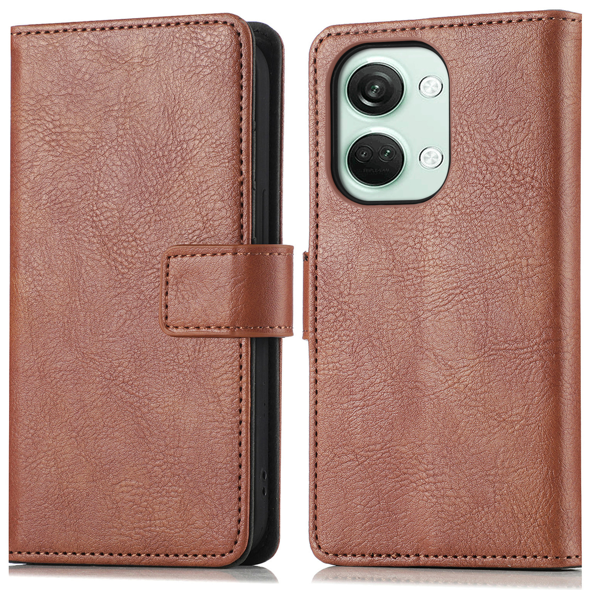 Étui de téléphone marron avec un téléphone à l'intérieur. L'étui est de style portefeuille, avec une fermeture magnétique.