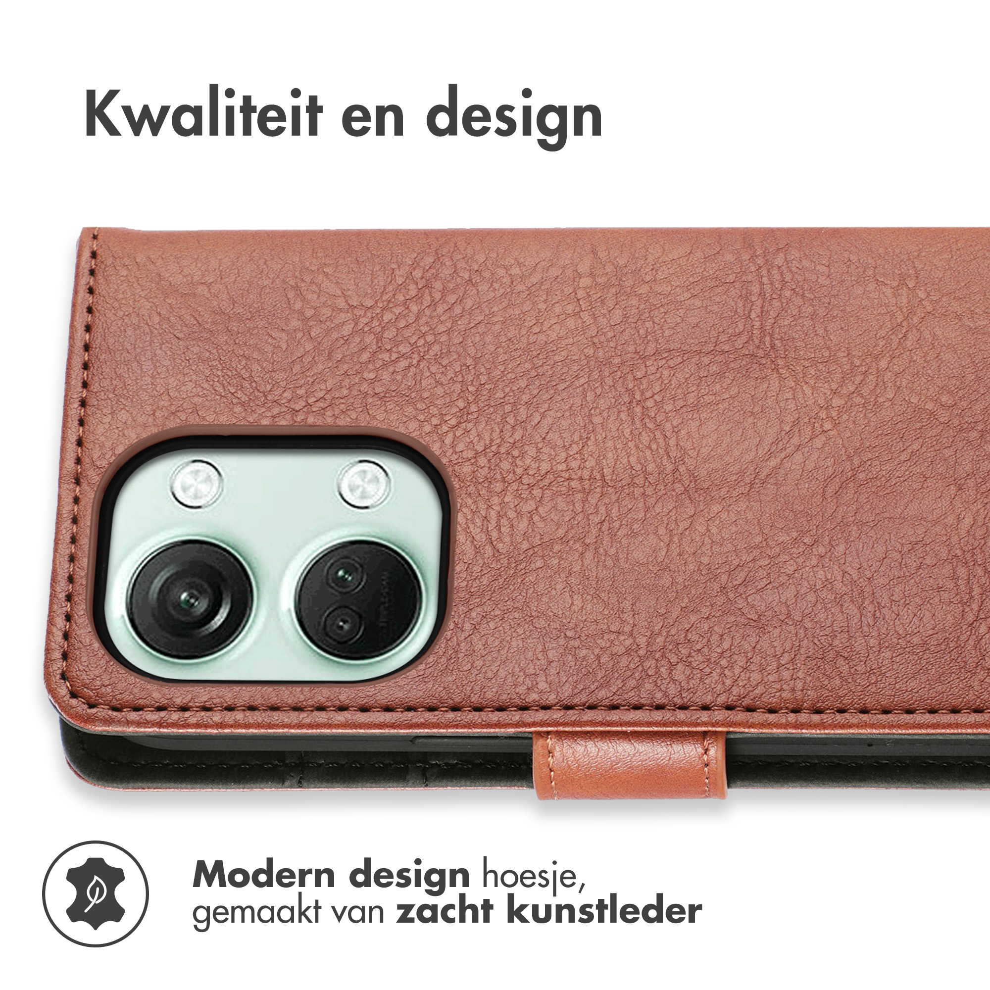 Coque de téléphone marron avec un téléphone à l'intérieur. Design moderne en similicuir souple.