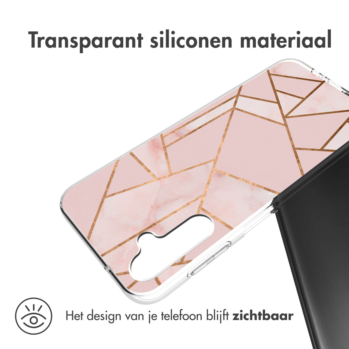 Coque transparente avec un design rose et or. Texte : Le design de votre téléphone reste visible.