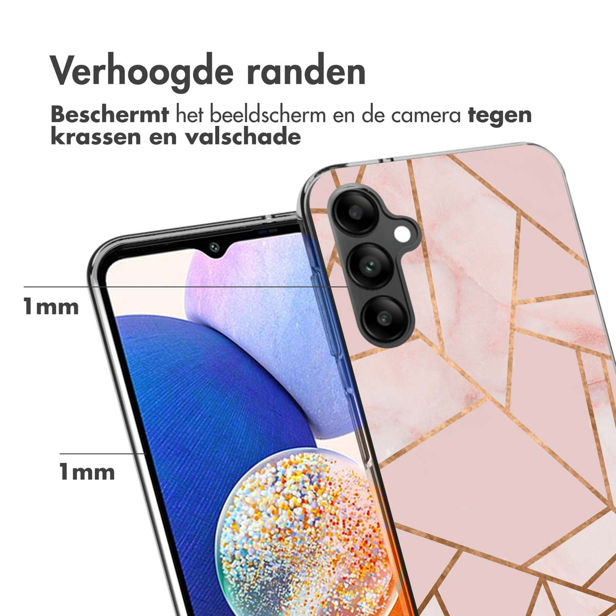Coque de téléphone rose avec un motif géométrique et un téléphone à l'intérieur. Bords surélevés de 1 mm.