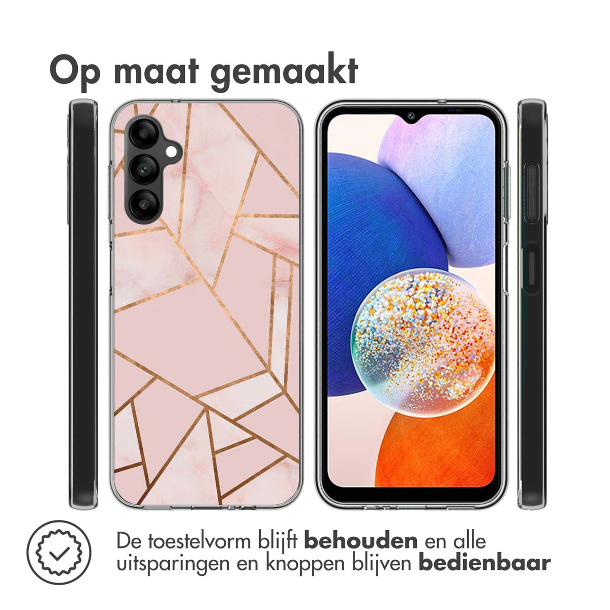 Coque de téléphone rose avec un design géométrique, avec le téléphone à l'intérieur. Plusieurs vues de la coque.