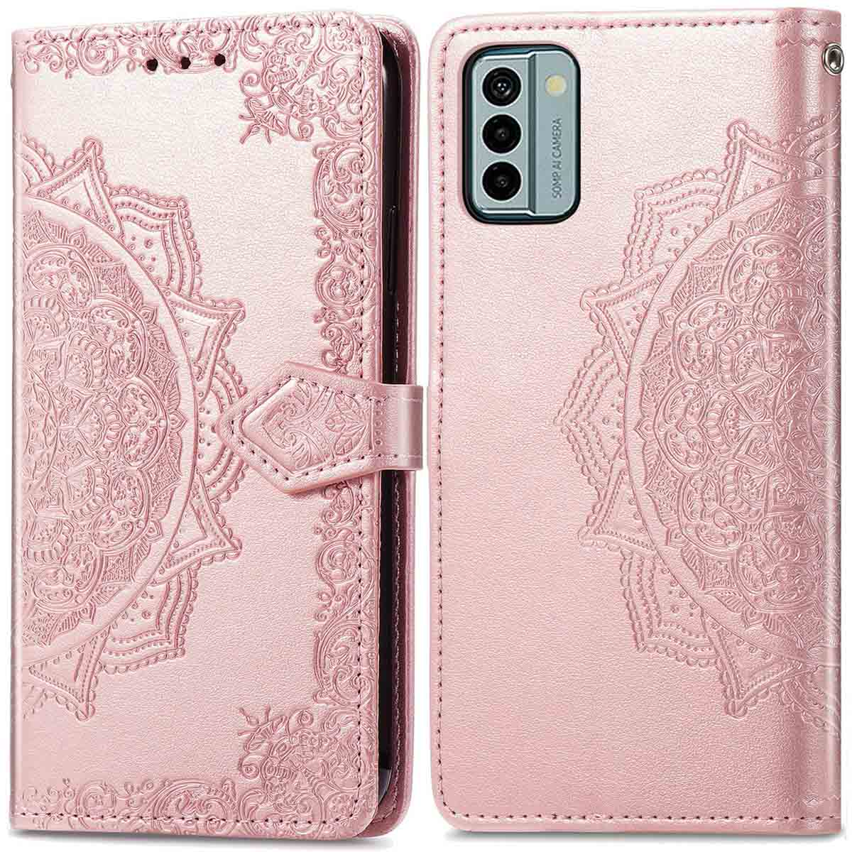 Rosa Handyhülle mit Mandala-Design, offen und geschlossen. Die Rückseite hat eine Dreifach-Kamera.