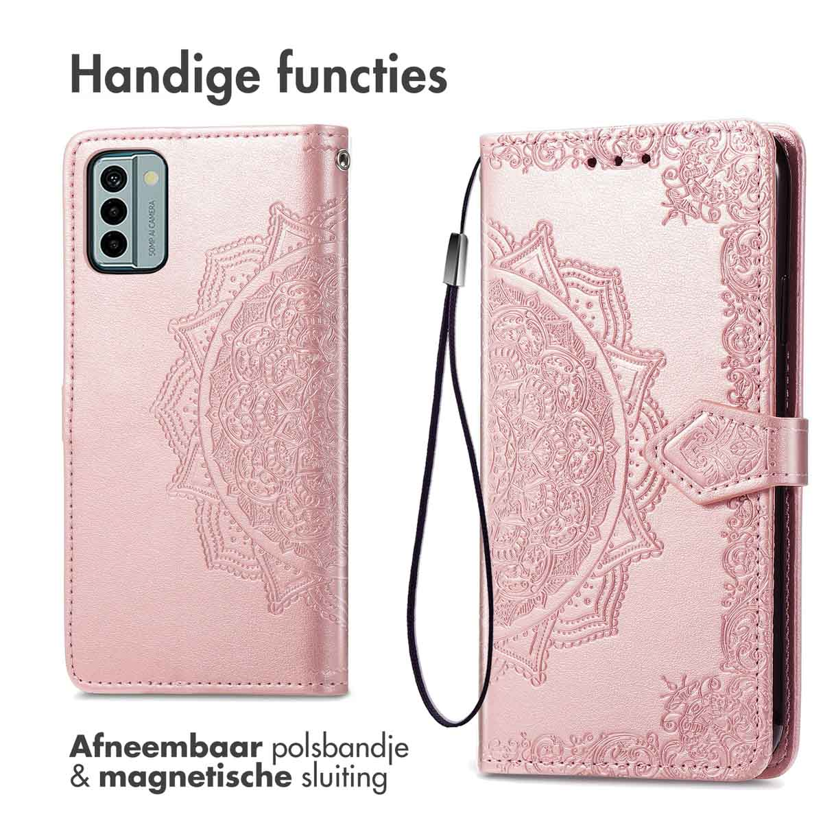 Rosa Handyhülle mit floralem Design und abnehmbarer Handschlaufe.