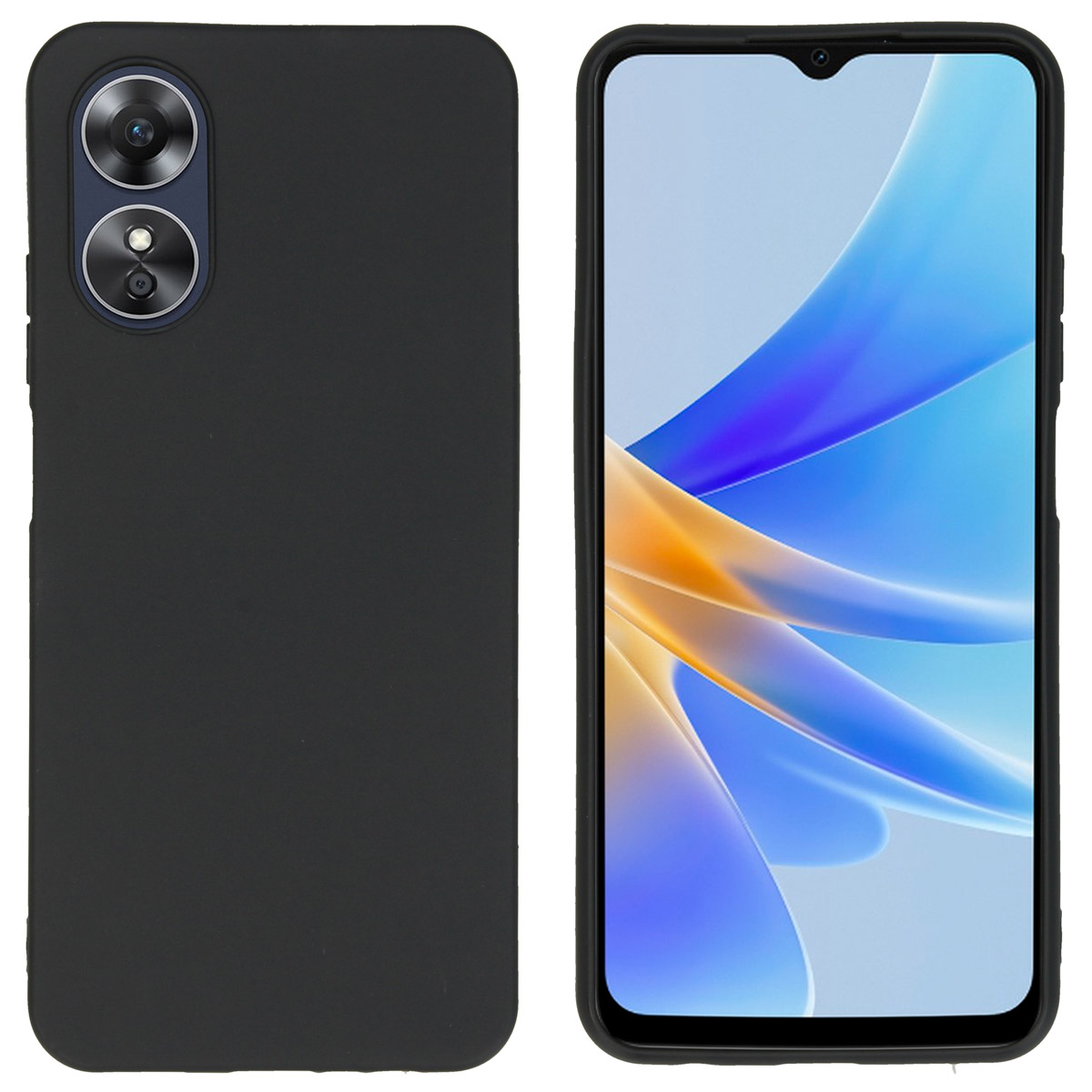 Coque de téléphone noire avec un téléphone à l'intérieur. Le téléphone a un écran avec un dégradé bleu et jaune.
