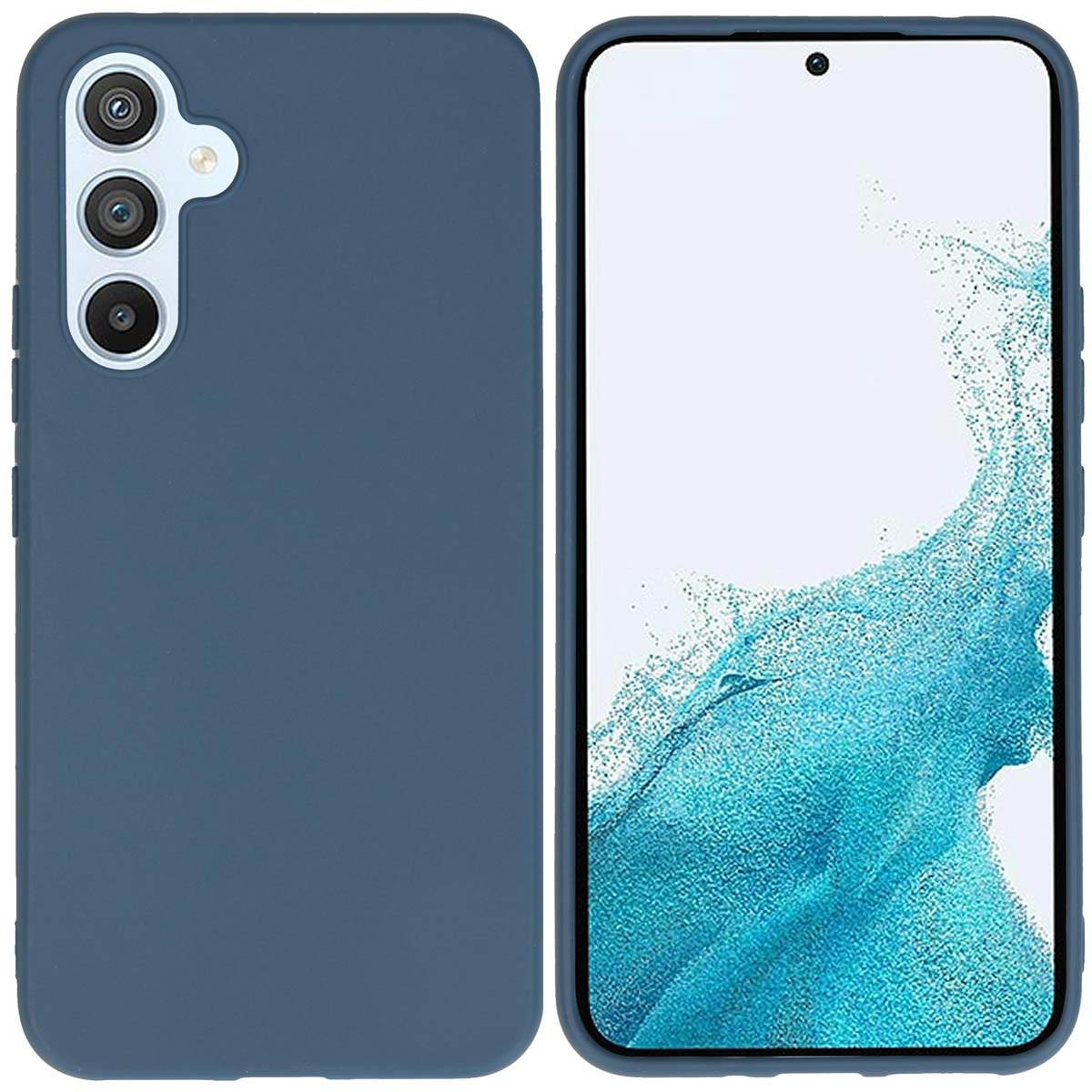 Twee telefoons, een met een blauwe hoes en een scherm. De andere met een blauwe hoes.