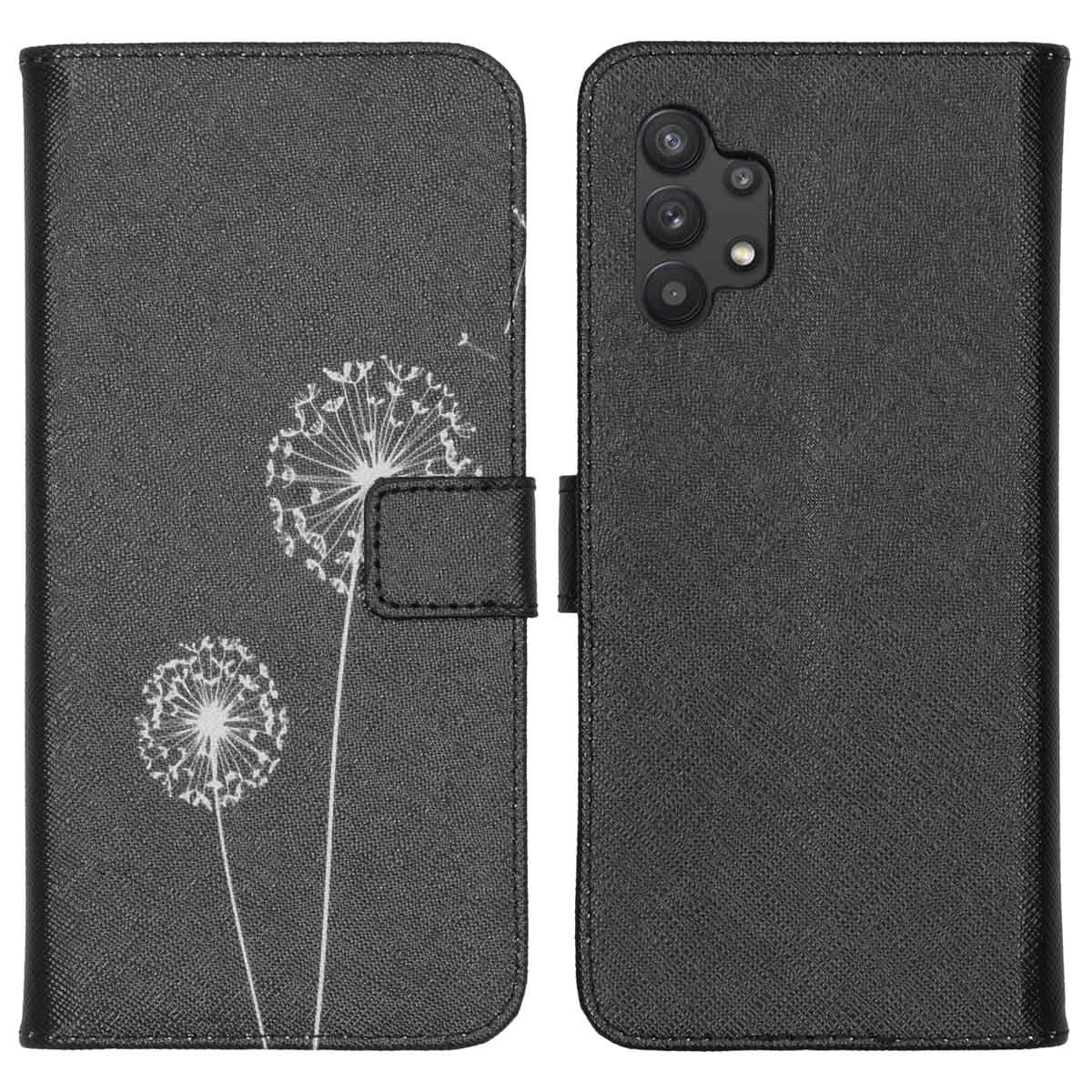 Zwarte telefoonhoes met wit paardenbloemontwerp, voor- en achterkant met camera-uitsparing.