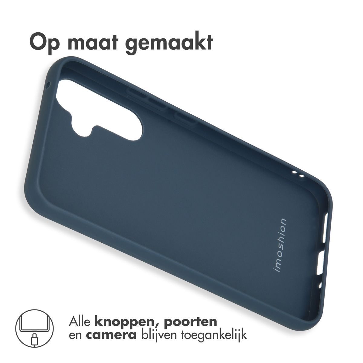 Blauwe telefoonhoes, leeg, met het interieur. De hoes is gevormd voor een telefoon en heeft uitsparingen.