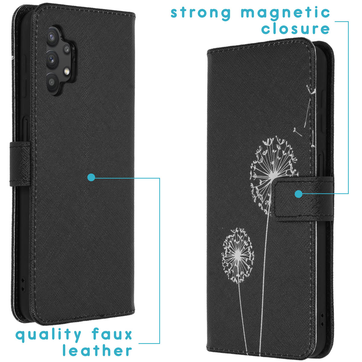 Zwarte telefoonhoes met een paardebloem-ontwerp en imitatieleer. Tekst: 'kwaliteit imitatieleer' en 'sterke magnetische sluiting'.