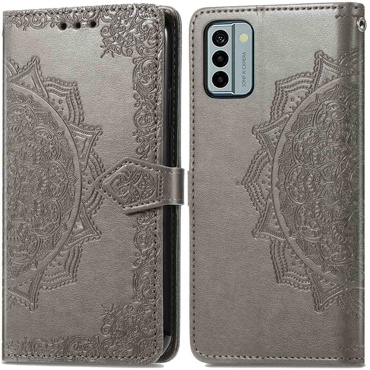 Graue Handyhülle mit aufwendigem Design. Die Hülle ist offen und gibt das Telefon frei.