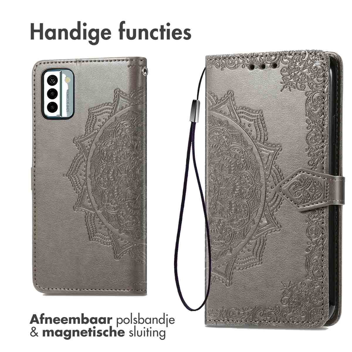 Graue Handyhülle mit Mandala-Design, offen und geschlossen. Sie hat eine abnehmbare Handschlaufe.
